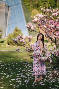 Sevimli kız güzel pembe manolya ağacı dışında standı. Muhteşem bayan