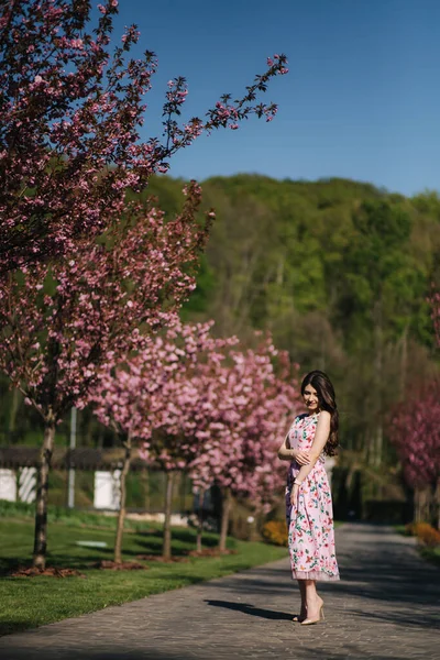 ピンクの木の近くの公園を歩く魅力的な若い女の子。桜、春 — ストック写真