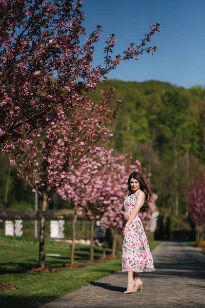 ピンクの木の近くの公園を歩く魅力的な若い女の子。桜、春 — ストック写真