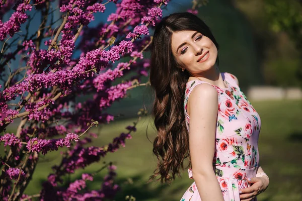 Beautiful woman stand by violet blooming tree. Blue background. Fashion model