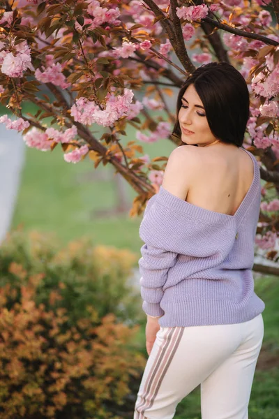 Приваблива молода жінка в фіолетовому светрі стоїть перед деревом сакури в парку — стокове фото