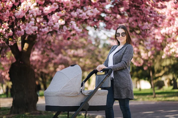 Feliz mamá caminar con su pequeña niña en el cochecito. Fondo del árbol de sakura rosa — Foto de Stock
