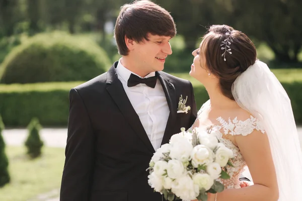 Close-up portrait of beautiful wedding couple. Handsome groom with gorgeous bride — Stock Photo, Image