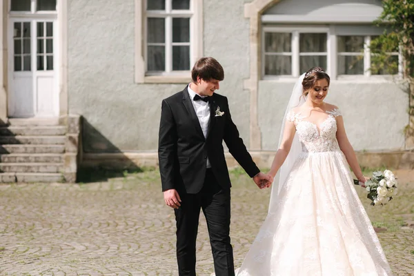 Happy just married couple in wedding clothes walking near the castle — Stock Photo, Image