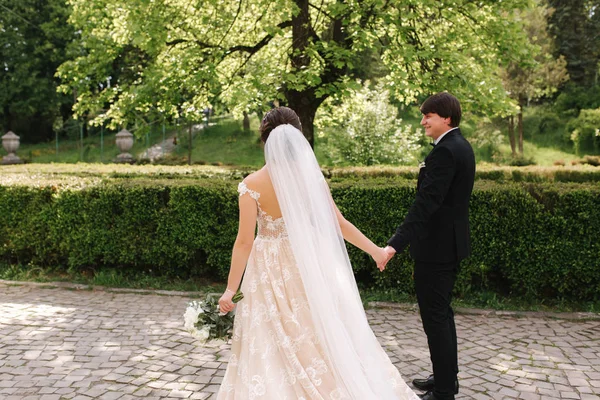 公園の大きな木のそばに立つ新郎と花嫁 — ストック写真