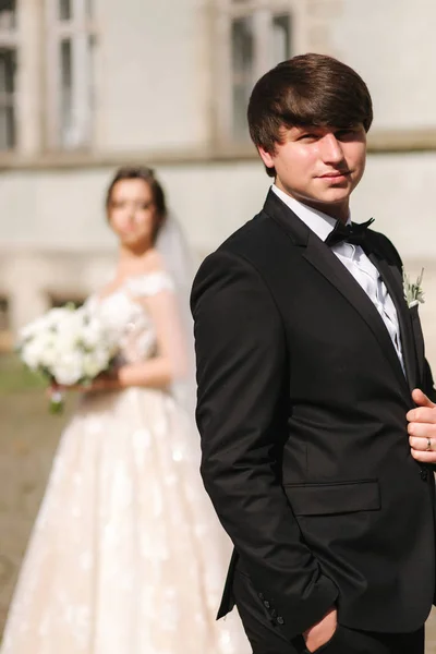 Novomanželé stojí před hradem. Ženich a nevěsta — Stock fotografie