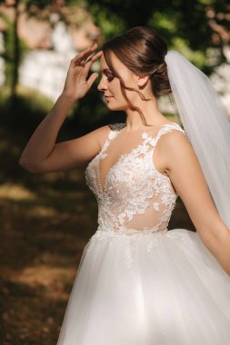 Gelinlik giymiş büyüleyici gelinin güzel bir korsanı. Dışarıda zarif bir kadın.