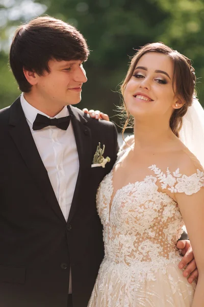 Retrato de novio y novia felices. Hermosa pareja de boda —  Fotos de Stock