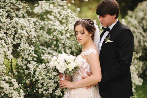 Knappe bruidegom Staind in de voorkant van de mooie bruid — Stockfoto
