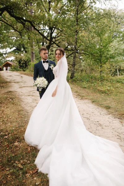 Recém-casados a caminhar na floresta. Feliz casal apenas casado — Fotografia de Stock