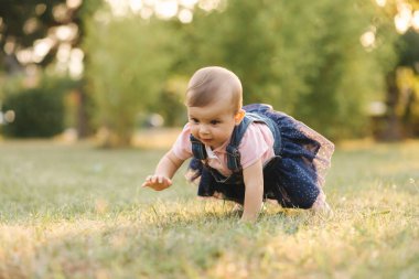 Ağustosta çimlerin üzerinde küçük bir bebek. Dışarıda sevimli bir kız bebek var.