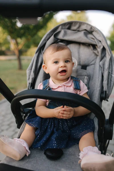 Un bebé adorable en un cochecito afuera. Paseo de verano en familia en el parque — Foto de Stock