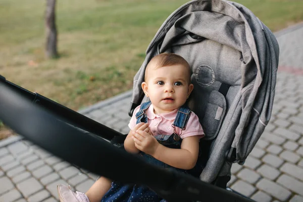 Un bebé adorable en un cochecito afuera. Paseo de verano en familia en el parque — Foto de Stock