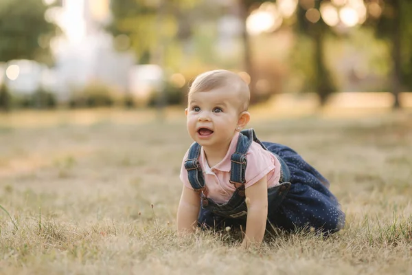 Bebé en la hierba en agosto. Adorable niña fuera — Foto de Stock