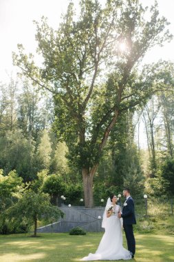 Güzel gelini ve yakışıklı damadı düğün gününde dışarıda yürüyor. Mutlu yeni evliler.