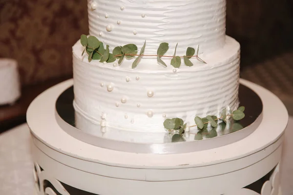 緑の葉で飾られた美しい白いウェディングケーキ — ストック写真