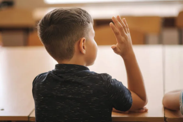 Rückenansicht des Schülers erheben sich Hand in Hand im Klassenzimmer. Grundschule. Bildung — Stockfoto