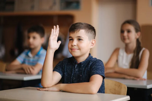 Niños felices en la escuela primaria. Estudian niños y niñas. Los niños levantan la mano — Foto de Stock