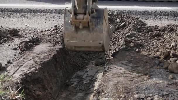 Excavator scooping and dumping on dirt pile. Tongs on the crane carry construction materials. Loose substances. Background of forest — Stock Video