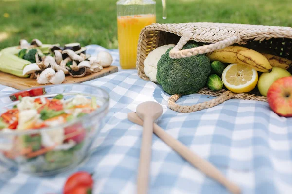 公园里的野餐篮，蓝色格子毯子上有健康的纯素食三明治。新鲜水果、蔬菜和橙汁.野餐的概念 — 图库照片