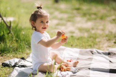 Mutlu küçük çocuk dışarıda halıda oturup oyuncak hayvanlarla oynuyor. Beyaz elbiseli sevimli küçük kız.
