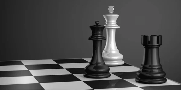 Schachbrett mit König, Dame und Turm in Schachmatt. — Stockfoto
