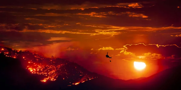 Feu de forêt brûlant au coucher du soleil — Photo