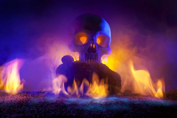 Skull with Burning Flames and Gold Coins — Stock Photo, Image
