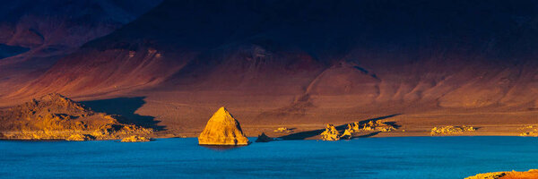 Tufa formation at Pyramid Lake, Nevada, the lakes namesake. Sunset.