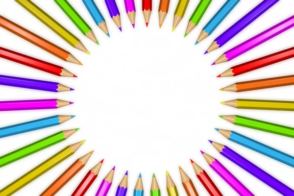 3D rendered illustration of a ring of rainbow colored pencils creating a circle shape isolated over white background. — Stock Photo, Image