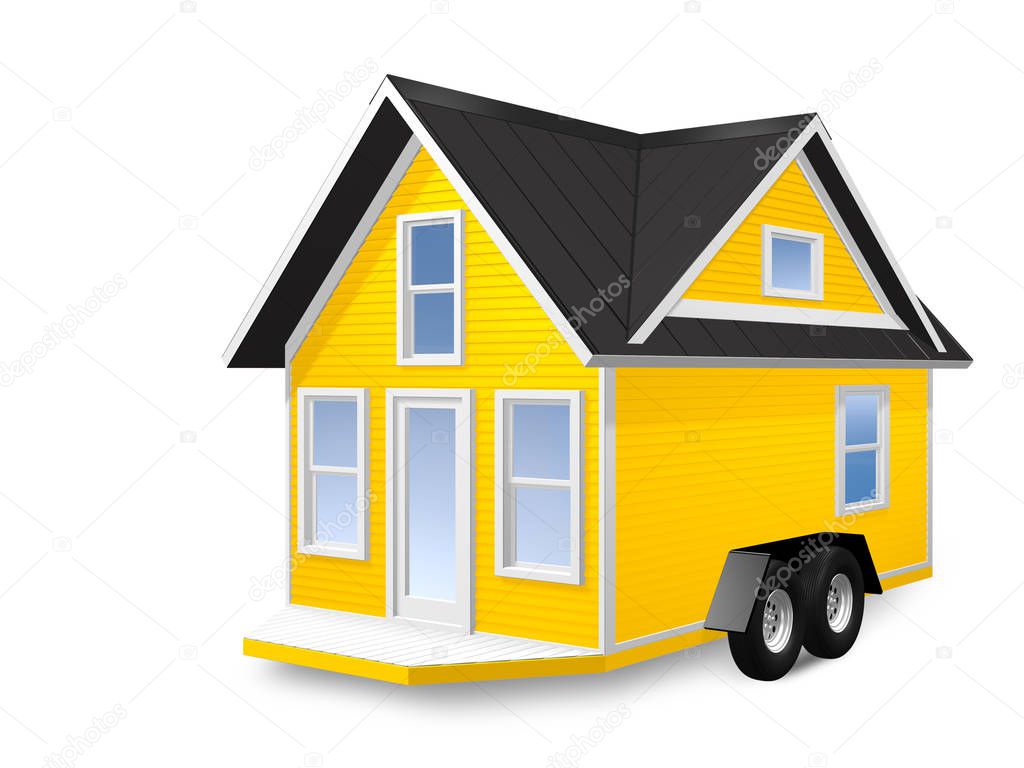 3D Rendered Illustration of a tiny house on a trailer.  House is isolated on a white background.
