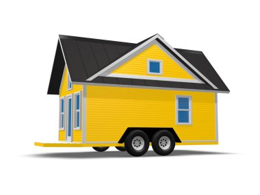 3D render çizimi bir römork üzerinde küçük bir ev. House beyaz bir arka plan üzerinde izole.