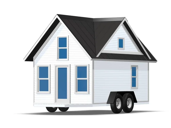 Illustration en 3D d'une petite maison sur une remorque. Maison est isolée sur un fond blanc . — Photo