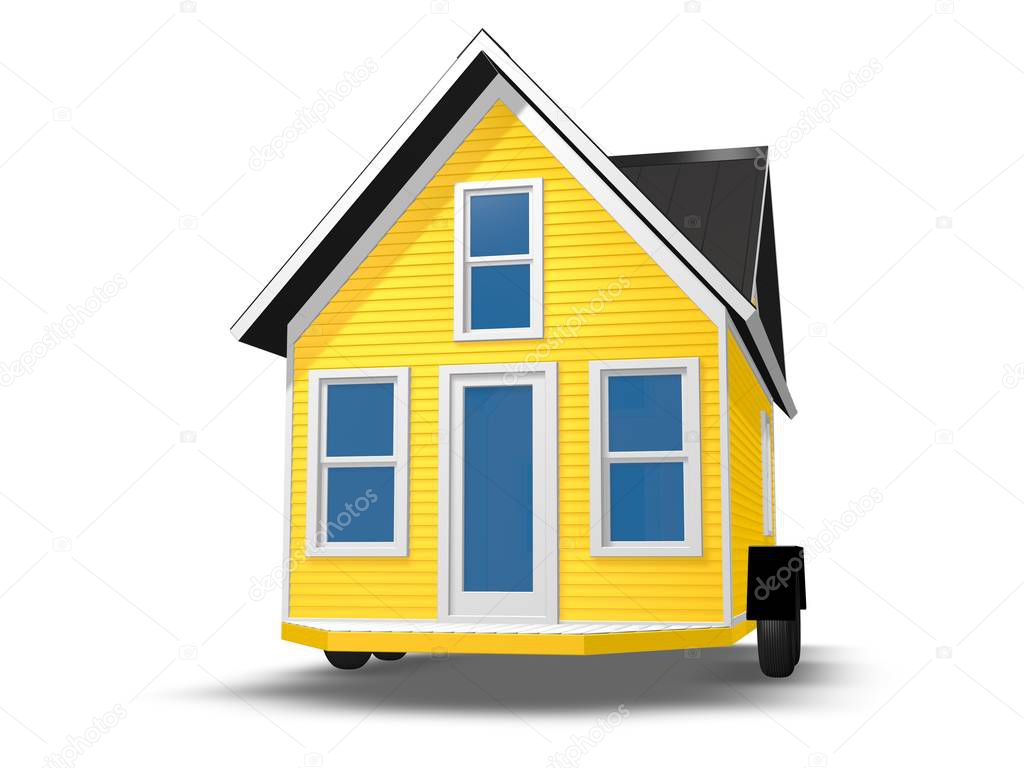 3D Rendered Illustration of a tiny house on a trailer.  House is isolated on a white background.