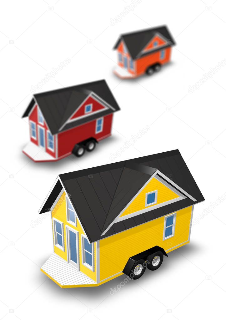 3D Rendered Illustration of 3 tiny houses on trailers.