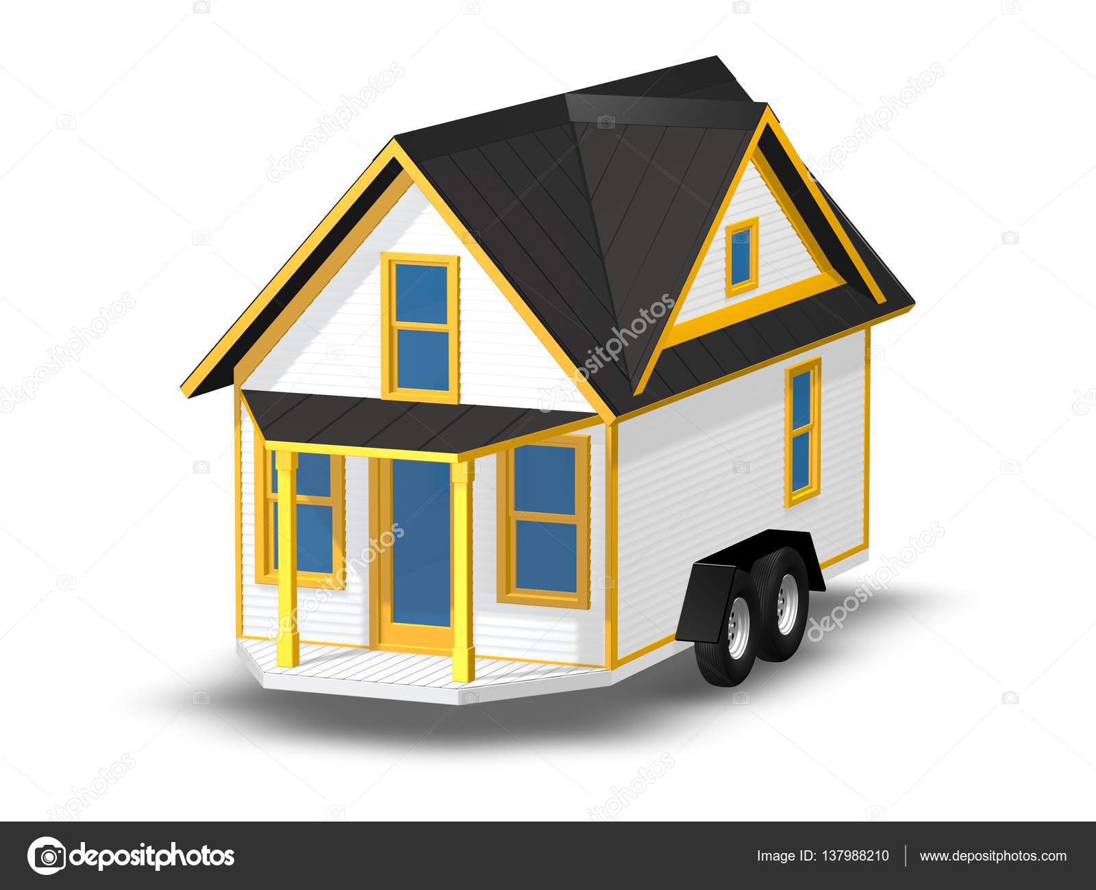 3D render çizimi bir römork üzerinde küçük bir ev. House beyaz izole