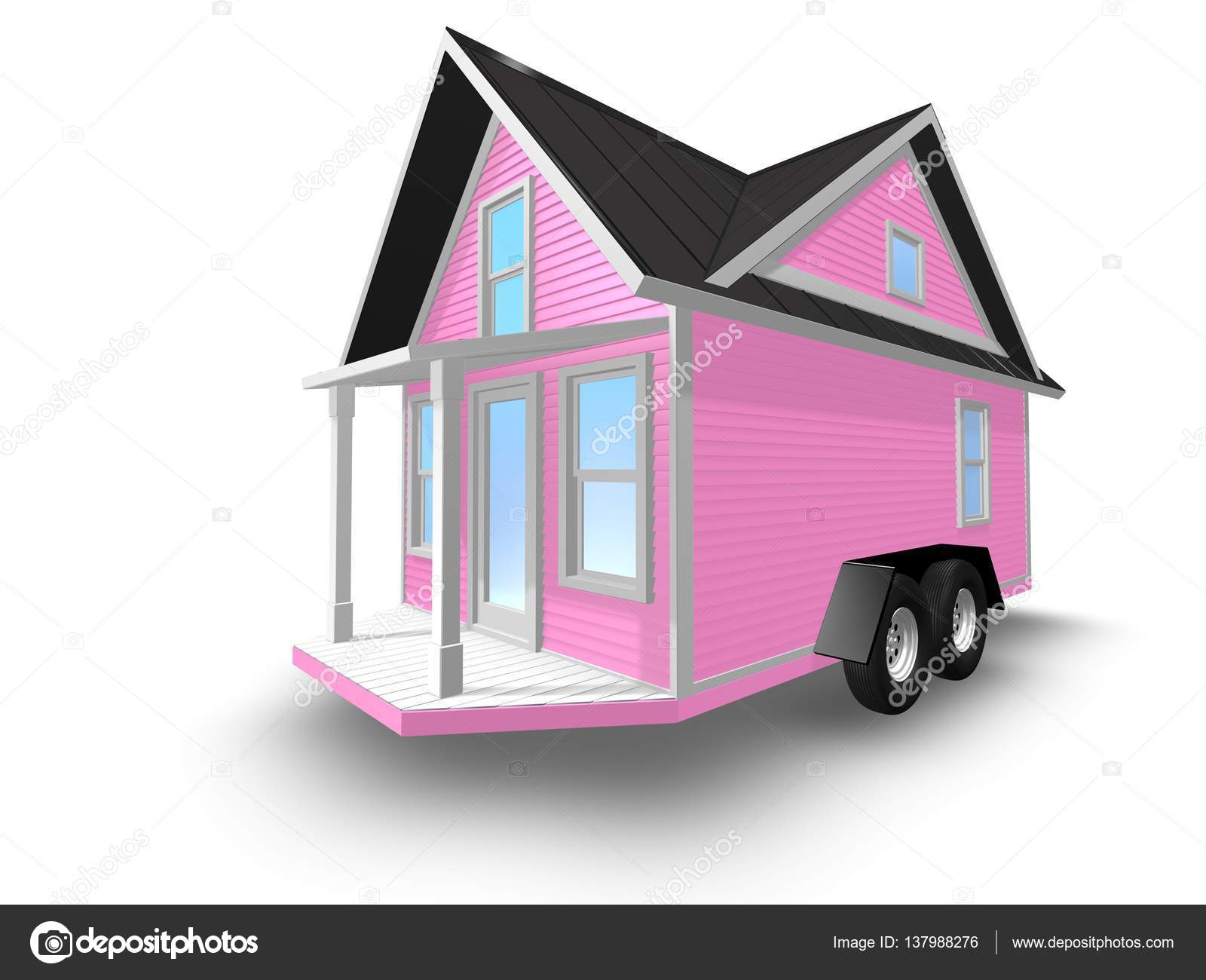 3D render çizimi bir römork üzerinde küçük bir ev. House beyaz izole