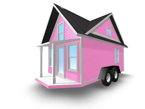 Ilustración 3D de una pequeña casa en un remolque. Casa está aislada en un blanco — Foto de Stock
