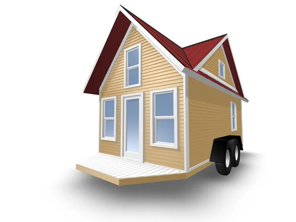 Ilustración 3D de una pequeña casa en un remolque. Casa está aislada en un blanco — Foto de Stock