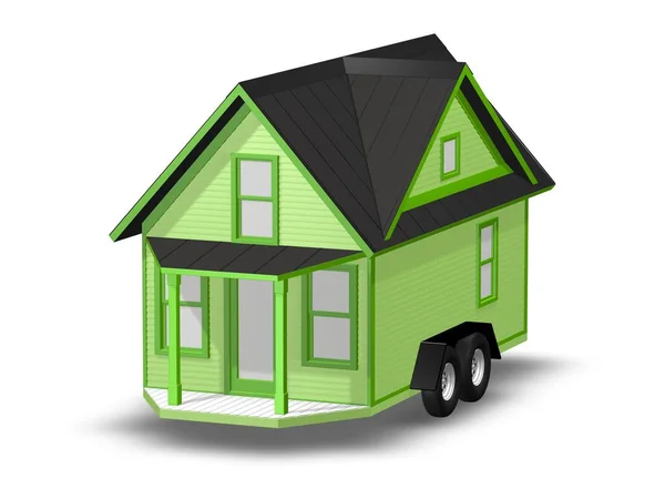 3D utsmält Illustration av ett litet hus på en släpvagn. Hus är isolerade på en vit — Stockfoto