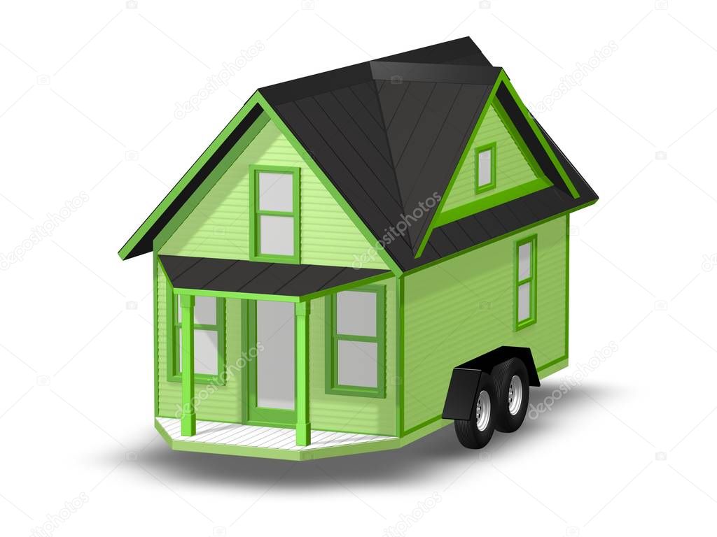 3D Rendered Illustration of a tiny house on a trailer.  House is isolated on a white