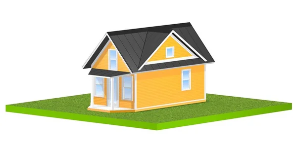 Ilustración en 3D de una pequeña casa en una parcela cubierta de hierba cuadrada de tierra o patio. Aislado sobre fondo blanco . — Foto de Stock