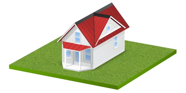Ilustración en 3D de una pequeña casa en una parcela cubierta de hierba cuadrada de tierra o patio. Aislado sobre fondo blanco . — Foto de Stock