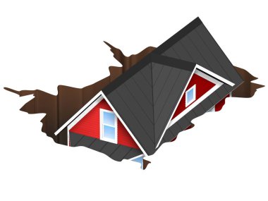 3D render çizimi bir çukura düşen bir ev. Para çukur veya lavabo deliği için kavram. Beyaz arka plan üzerinde izole.