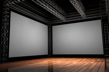 3D render asmakla ile ahşap bir sahne alanı ve iki büyük boş ekran siyah arka plan üzerinde gösterimi.