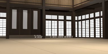 geleneksel karate dojo veya mat ve pirinç kağıdı windows eğitim okul 3D render çizimi.