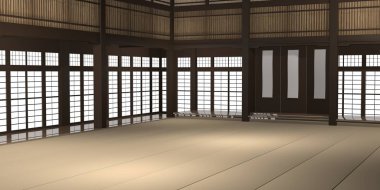 geleneksel karate dojo veya mat ve pirinç kağıdı windows eğitim okul 3D render çizimi.
