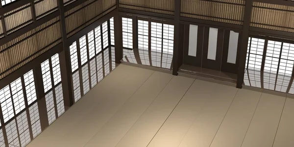 3D оказана иллюстрация традиционной каратэ додзё или школы с учебным ковриком и рисовой бумагой окна . — стоковое фото