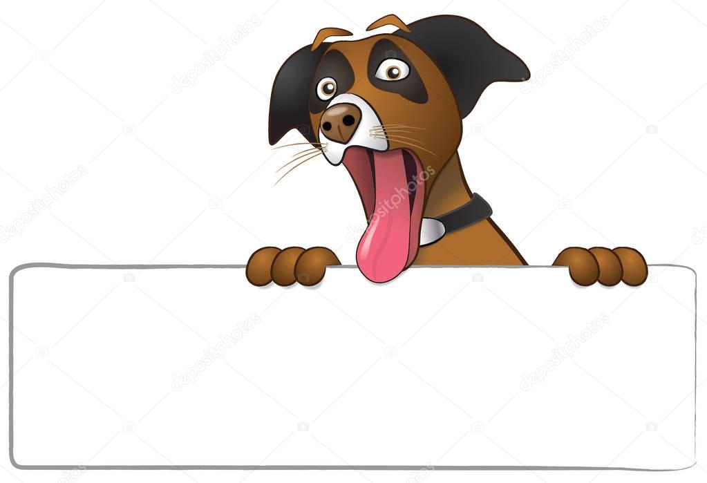Illustration of a funny surprised dog with eyes wide open and tongue hanging out of mouth.  Dog is holding a blank white sign for copy and is isolated over a white background.