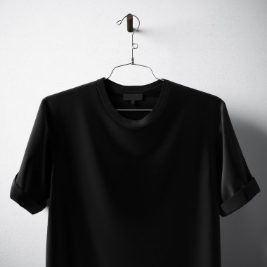 Closeup Siyah Boş Pamuk Tshirt Asma Merkezi Beyaz Beton Duvar Boş Background.Mockup Son Derece Detaylı Doku Materialsclear Etiket Alanı İş Mesajı için. Meydanı. 3d render.